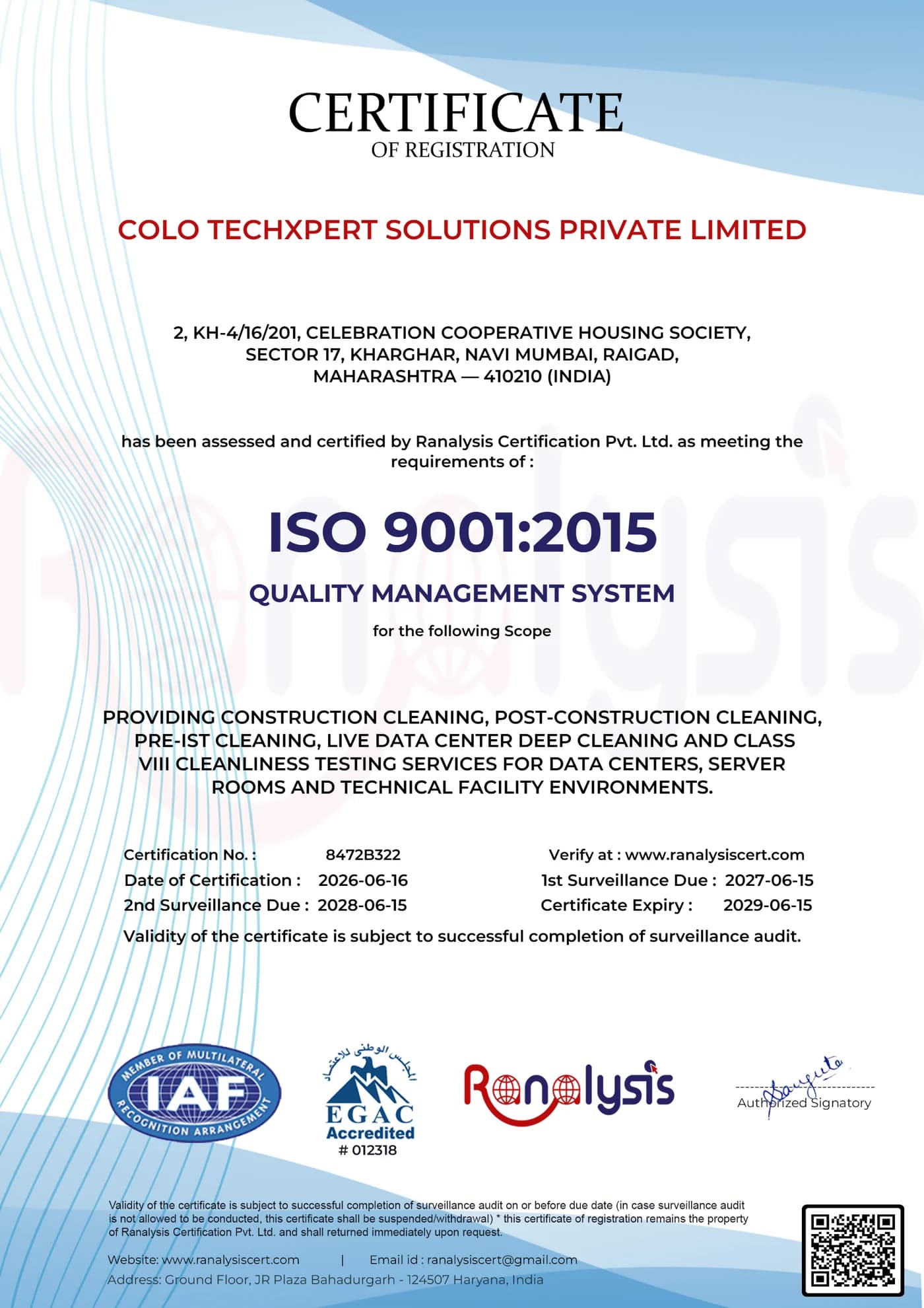 ISO 9001:2015 certificate — Quality Management System